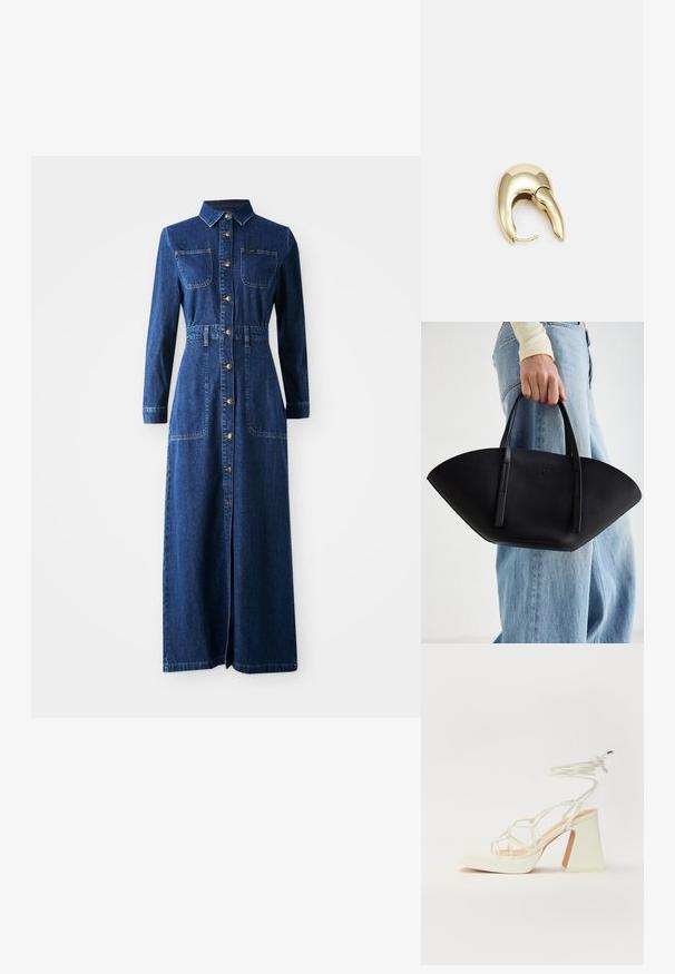 Rochie maxi din denim cu mâneci lungi, guler ascuțit, închidere cu nasturi pe față, două buzunare pe piept, talie strânsă și slituri laterale pentru confort în mișcare.; Sandale albe cu toc înalt și gros, cu un design cu curele și legătură la gleznă. Textură netedă, cu o platformă frontală pentru înălțime suplimentară.; Geantă de piele neagră cu o formă unică de evantai, având mânere plate. Suprafața are o textură cu mici granule și un design minimalist.; Cercei din metal de culoare aurie cu un design elegant și curbat. Prezintă o formă distinctivă, ascuțită, o suprafață lustruită și un sistem de închidere cu balama.