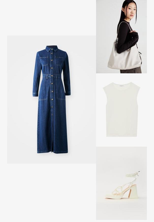 Rochie maxi din denim cu mâneci lungi, guler ascuțit, închidere cu nasturi pe față, două buzunare pe piept, talie strânsă și slituri laterale pentru confort în mișcare.; Top alb fără mâneci, cu decolteu rotund. Fabricat dintr-un material neted, prezintă o croială lejeră și un design minimalist. Fără modele sau accente.; Sandale albe cu toc înalt și gros, cu un design cu curele și legătură la gleznă. Textură netedă, cu o platformă frontală pentru înălțime suplimentară.; Geantă bej din material moale, cu un design lejer, detalii cusute și două bretele pentru umăr. Potrivită pentru utilizarea zilnică.