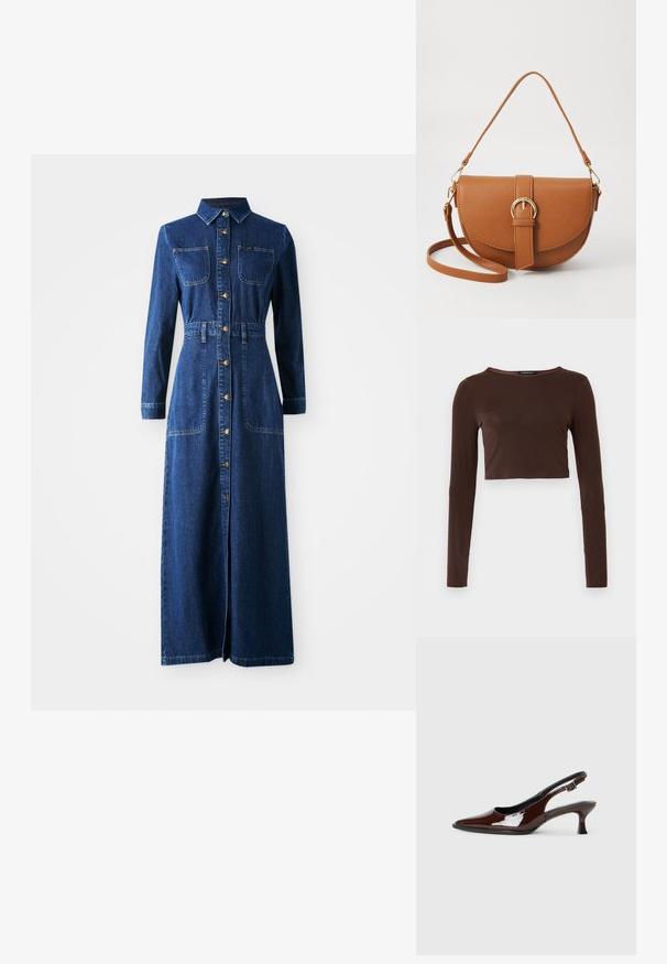 Robe maxi en jean avec des manches longues, un col pointu, une fermeture à boutons sur le devant, deux poches poitrine, une taille cintrée et des fentes latérales pour faciliter les mouvements.; Top croppé à manches longues marron, fabriqué dans un matériau lisse, avec un col rond et une coupe près du corps. Pas de motifs ou d'accents visibles.; Chaussure slingback en cuir verni marron avec un bout pointu et un talon modéré. Elle est dotée d'une sangle à boucle pour un ajustement sécuritaire. Texture lisse.; Sac bandoulière en cuir marron avec une forme incurvée, quincaillerie dorée et un accent en boucle. Comprend une bandoulière détachable.