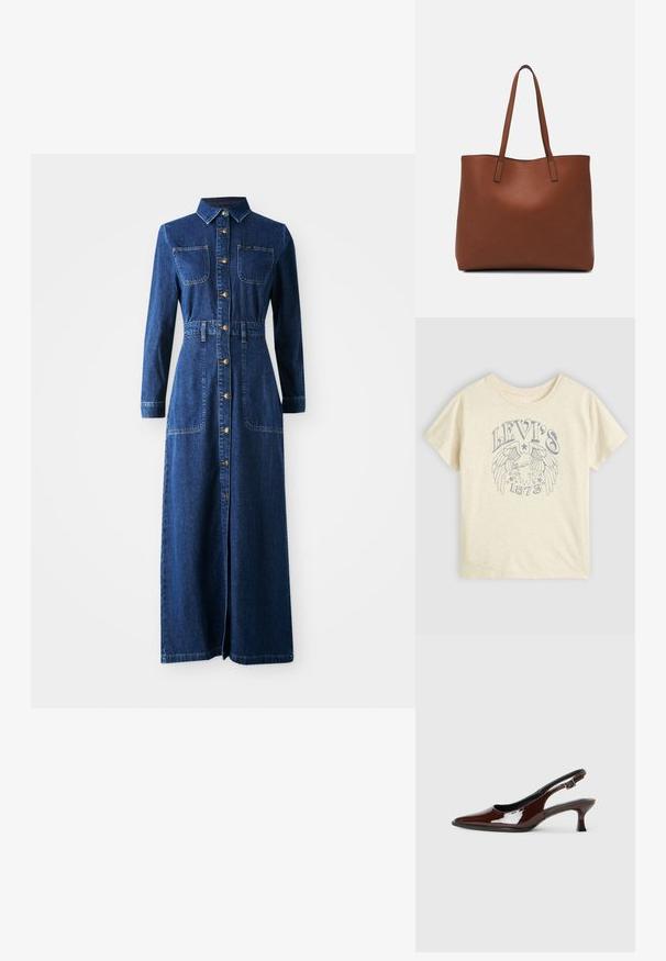Denim maxi dress with long sleeves, pointed collar, button-down front, two chest pockets, cinched waist, and side slits for ease of movement.; Light beige cotton t-shirt featuring a graphic design in blue with wings, stars, and "LEVI'S 1873" text on the front. Short sleeves, crew neck.; Brown patent leather slingback shoe with a pointed toe and a moderate heel. Features a buckle strap for secure fit. Smooth texture.; Brown leather tote bag with a smooth texture, open top design, and two shoulder straps. Features minimal stitching and no visible hardware.