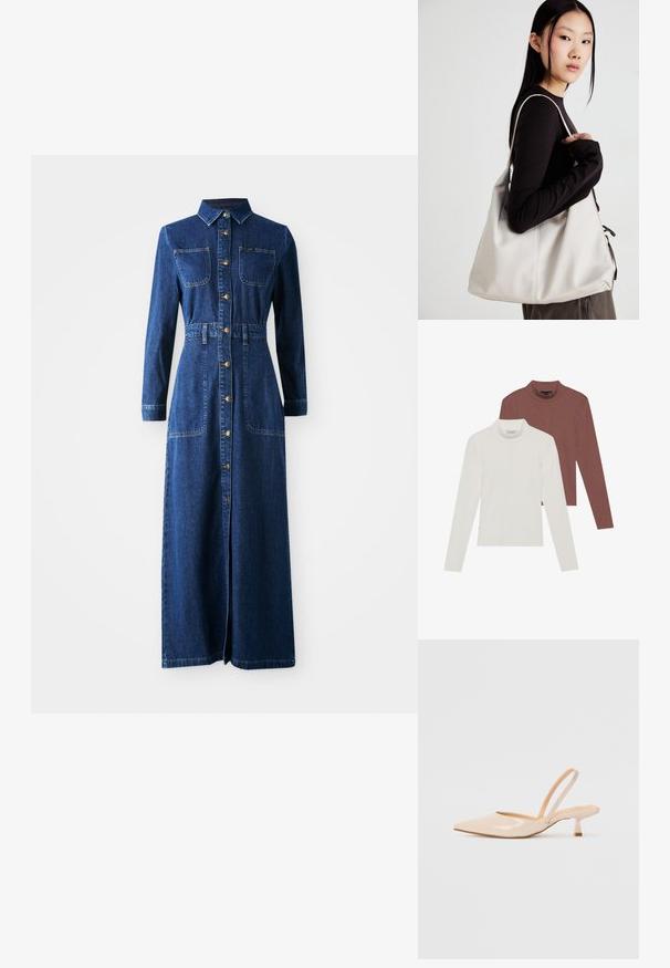 Denim maxi dress with long sleeves, pointed collar, button-down front, two chest pockets, cinched waist, and side slits for ease of movement.; Two long-sleeve turtleneck tops: one in white and one in rust brown, made of lightweight, stretchy fabric with a fitted design.; Beige patent leather slingback heels with pointed toe and a slim, square heel. Smooth texture and minimalist design with no embellishments.; Beige handbag made of soft material, featuring a slouchy design, stitched detailing, and two shoulder straps. Suitable for everyday use.