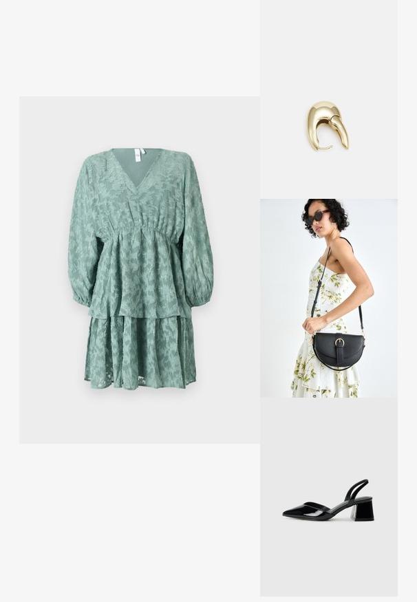 Grønn, lagdelt kjole med V-hals, lange puffermer og blomstrete tekstur. Har en innsnevret midje og et flytende, lagdelt skjørt.; Svarte patentlær slingback hæler med spiss tå og geometrisk blokk hæl. Har et stilrent, minimalistisk design og jevn tekstur.; Svart lærveske med en buet form, avtagbar stropp og gullbeslag. Vesken har et klaff med spenne-detall.; Gullfarget metalløredobber med et elegant, buet design. Har en karakteristisk spiss form, polert overflate og hengsel-lukking.