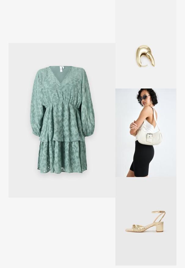 Vestido verde de capas con escote en V, mangas largas abullonadas y textura floral. Presenta una cintura ajustada y una falda fluida y con volantes.; Sandal de tacón dorado con un diseño de tiras retorcidas, punta abierta y correa en el tobillo. Presenta un tacón cuadrado y un acabado metálico suave.; Bolso de piel blanco con forma curvada, correa ajustable y un pequeño detalle de hebilla. La modelo lleva un conjunto negro ajustado.; Pendiente de metal en tono dorado con un diseño elegante y curvado. Presenta una forma puntiaguda distintiva, superficie pulida y cierre de bisagra.