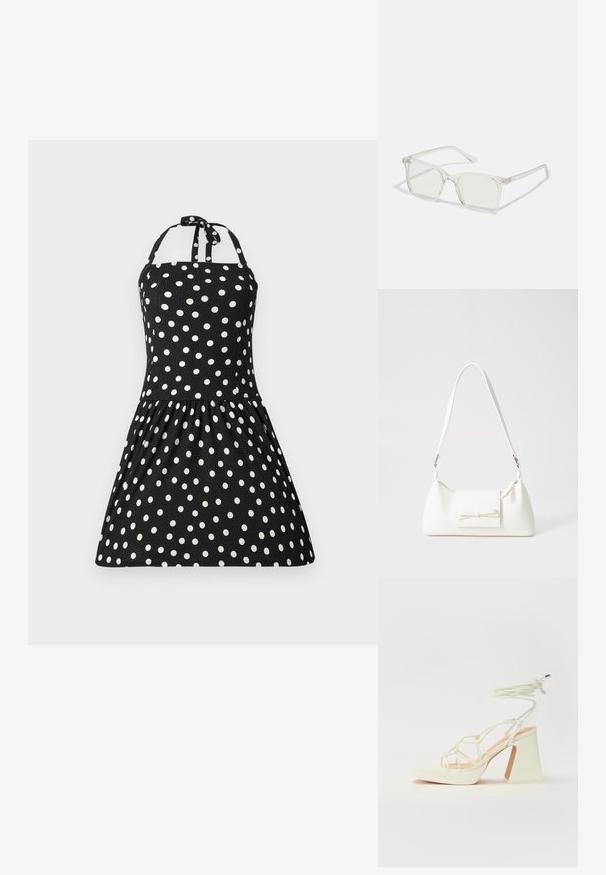 Juoda halterio švarko su baltais taškeliais, raukšlėta sijonas ir raištelio uždarymas kakle. Audinys atrodo tekstūruotas ir lengvas.; Balti aukštakulniai sandalai su masyviu kulnu, su dirželių dizainu ir kulkšnies raiščiu. Lygi tekstūra su platforma priekyje, suteikianti papildomą aukštį.; Permat nuleidžiai skaidrūs kvadrato formos akinius su permatomais lęšiais, kurie turi auksines detales ant šventyklų.; Balta sintetinė rankinė trikampio formos, plokščiu priekiu su užsegimu, kaspino detale, reguliuojama dirželiu, lygia tekstūra ir minimalistišku dizainu.