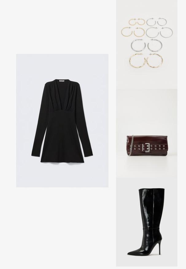 Vestido preto de manga comprida com decote em V profundo e detalhes franzidos no busto. Confeccionado em tecido elástico, corte ajustado com bainha evasê.; Botas de couro pretas até ao joelho com bico fino e salto alto de agulha. Textura suave e design elegante, com detalhes mínimos.; Clutch de couro sintético borgonha com uma alça de corrente prateada, apresentando um design de fivela e ilhós metálicos na parte frontal para um detalhe adicional.; Conjunto de doze brincos de argola em tons de prata e ouro. Inclui designs torcidos, lisos e texturizados com vários tamanhos e acabamentos.