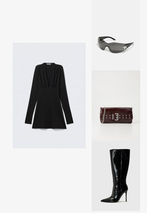 Svart langermet kjole med dyp V-utringning og rynket detalj ved bysten. Laget av elastisk stoff, skreddersydd passform med utsvingt nederkant.; Sorte skinnkne-høye støvler med spiss tå og høye stiletthæler. Glatt tekstur og elegant design, med minimal detaljering.; Sorte solbriller med en omsluttende design, mørkt tonede linser, skinnende stjernesymmetrier og justerbare nesepads.; Burgunder faux skinn clutch med en sølvfarget kjede stropp, med en spenne-design og metalløye langs fronten for ekstra detaljer.; Sett med tolv hoop øredobber i sølv- og gulltoner. Inkluderer vridde, glatte og teksturerte design med ulike størrelser og overflater.