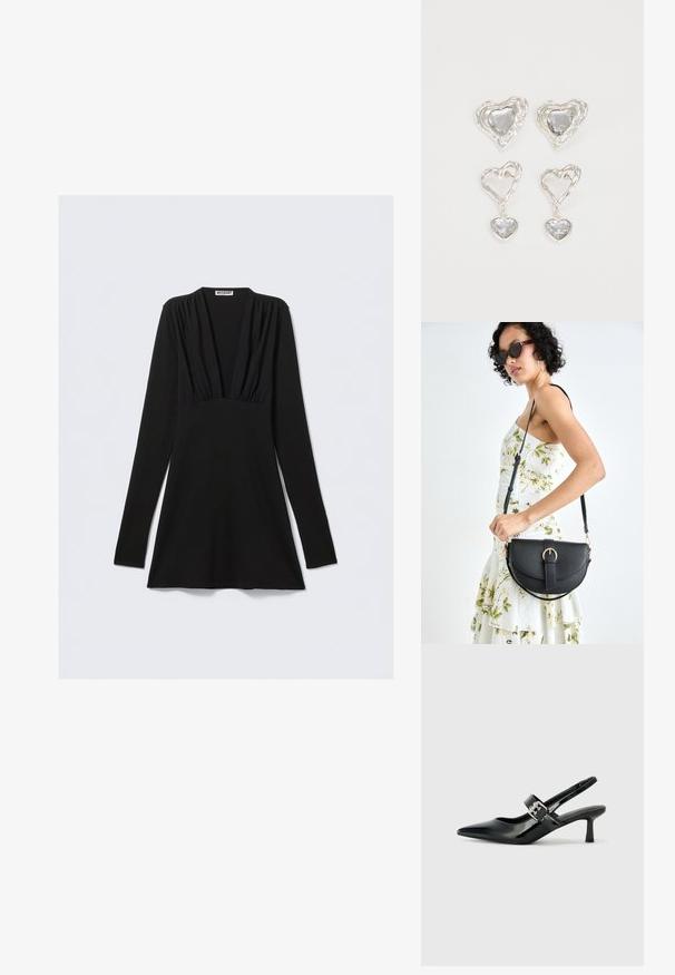 Fekete, hosszú ujjú ruha mély V-nyakkivágással és a mellrésznél gyűrt részletekkel. Rugalmas anyagból készült, testhez álló fazon, bővülő szegéllyel.; Fekete lakkbőr slingback sarkú cipők hegyes orral és kis blokk talppal, ezüst csat díszítéssel a pánton.; Fekete bőrtáska ívelt formával, levehető pánttal és arany színű fémrészekkel. A táskán egy csattal díszített fedél található.; Ez az ezüst szív alakú fülbevaló sima, átlátszó kövekkel rendelkezik, texturált kerettel. A készlet stud és csepp stílust is tartalmaz.