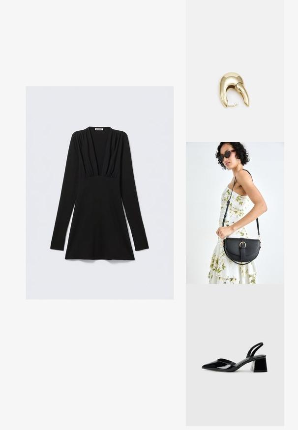 Svart långärmad klänning med djup V-ringning och rynkad detalj vid bysten. Tillverkad av stretchigt tyg, skräddarsydd passform med utsvängd fåll.; Svarta lackläder slingback klackar med spetsig tå och geometrisk klack. Har en elegant, minimalistisk design och slät yta.; Svart läderhandväska med en böjd form, avtagbar rem och guldiga detaljer. Väskan har ett lock med en spänndetalj.; Örhänge i guldtonad metall med en elegant, böjd design. Har en distinkt spetsig form, polerad yta och gångjärnslås.