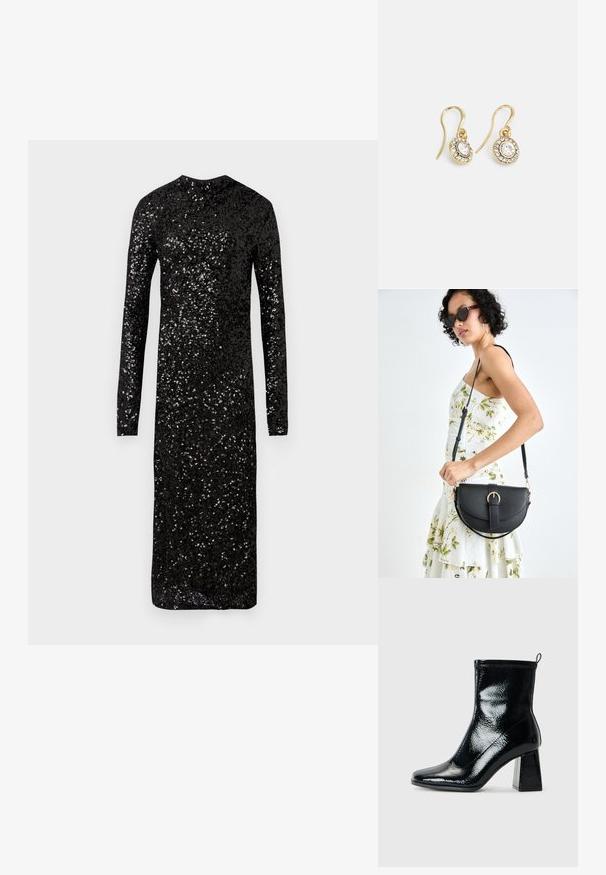 Zwarte lange mouw jurk gemaakt van glanzende paillettenstof. Beschikt over een hoge halslijn en een aansluitende silhoeet die tot halverwege de kuit reikt.; Zwarte, gepatineerde enkellaars met een vierkante neus en een chunky geometrische hak. De laars heeft een gladde, glanzende textuur en een achterste trekband voor eenvoudig aan- en uittrekken.; Zwarte leren handtas met een gebogen vorm, afneembare schouderband en gouden hardware. De tas heeft een klep met een gespsluiting.; Goudkleurige oorbellen met ovaalvormige heldere kristallen omringd door kleinere heldere stenen, met een haakontwerp voor een veilige draagervaring.