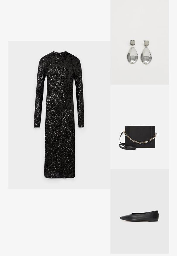 Černé dlouhé šaty s dlouhými rukávy vyrobené z lesklé látky se třpytkami. Mají vysoký výstřih a přiléhavý střih sahající až ke kotníkům.; Černé kožené baleríny, špičatá špička, minimalistický design, hladký povrch, nízký podpatek, žádné viditelné kovové prvky nebo ozdoby.; Černá kožená crossbody taška s hladkým povrchem, obdélníkovým tvarem a kovovým řetízkem na přední straně. Součástí je nastavitelný popruh.; Stříbrné kapkové náušnice se čtvercovou například, s hladkým, lesklým povrchem a kapkovým tvarem, odrážející světlo lesklým povrchem.