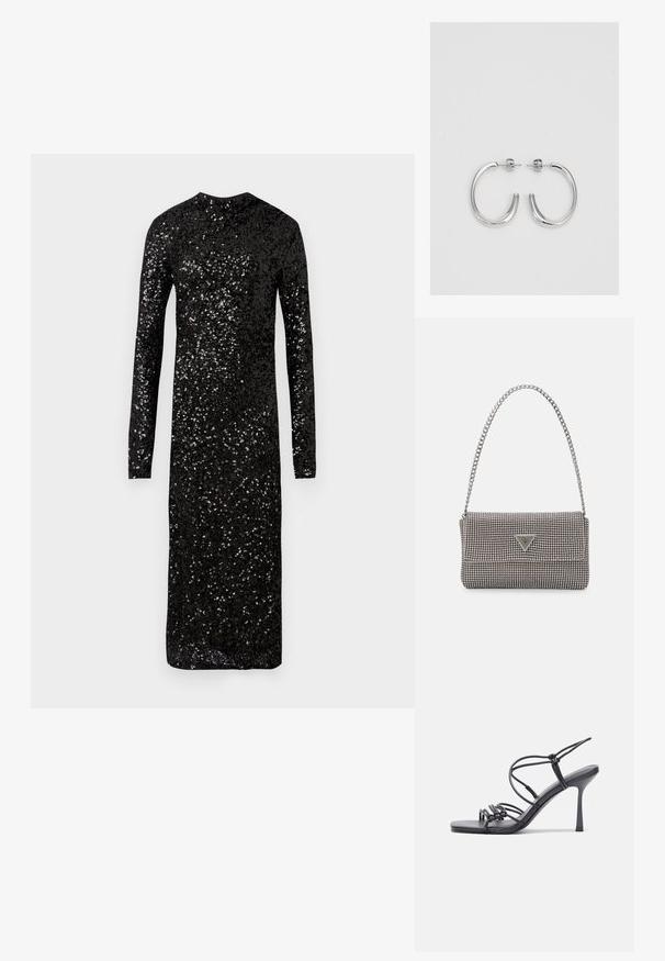 Melnā garo piedurkņu kleita, kas izgatavota no spīdīga, fliteru auduma. Tam ir augsts kakla izgriezums un pieguļoša silueta, kas nokrīt līdz vidus teļiem.; Melnas augstpapēžu sandales ar plāniem siksniņām un mezgla dizainu, gluda kvadrātveida purngalu un elegantu stiletto papēdi.; Gaiši pelēka metāla rokassoma ar ķēdes siksnu, rotāta ar mazām apaļām metāla kniedēm un trīsstūra zīmola logo.; Sudraba riņķveida auskari ar gludu, spīdīgu apdari. Apaļas formas, viegla dizaina, ar aizdari uz stieples.