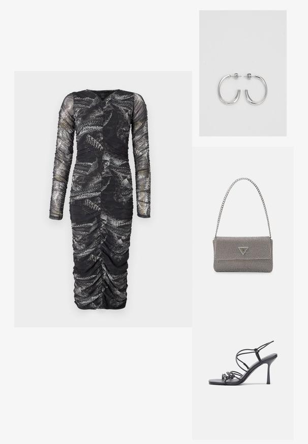 Rochie lungă cu mâneci, de culoare neagră, cu detalii pliate, având un model texturat care seamănă cu solzi, cu un decolteu adânc în formă de V și o siluetă ajustată.; Sandale negre cu toc înalt au curele subțiri cu un design legat, un vârf pătrat neted și un toc stiletto elegant.; Geantă metalică gri deschis, cu un strap din lanț, decorată cu mici ținte circulare metalice și un logo de marcă triangular.; Cercei rotunzi din argint cu un finisaj neted și strălucitor. Design ușor, având o formă rotundă și închidere cu tijă.