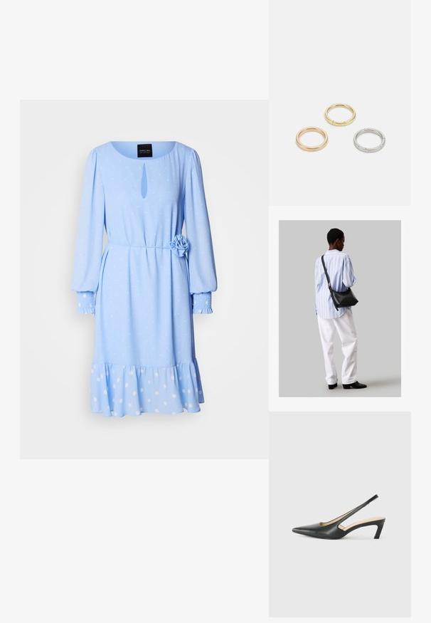 Világoskék ruha, kerek dekoltázzsal, hosszú ujjakkal, pöttyös mintával, elöl kulcslyuk részlettel és virág díszítéssel a derékban.; Fekete, hegyes orrú, slingback cipő alacsony sarkával, sima bőrből készült, oldalt kivágott deisgnal a légáteresztőképesség érdekében.; Fekete bőr válltáska puha tapintással, háromszög alakú, állítható pánttal, világoskék csíkos inggel és fehér nadrággal párosítva.; Három fémgyűrű: az egyik rose gold, a másik texturált akcentusokkal ellátott arany, a harmadik pedig ezüst, mindegyiken gravírozott márkajelzés található a belső sávon.