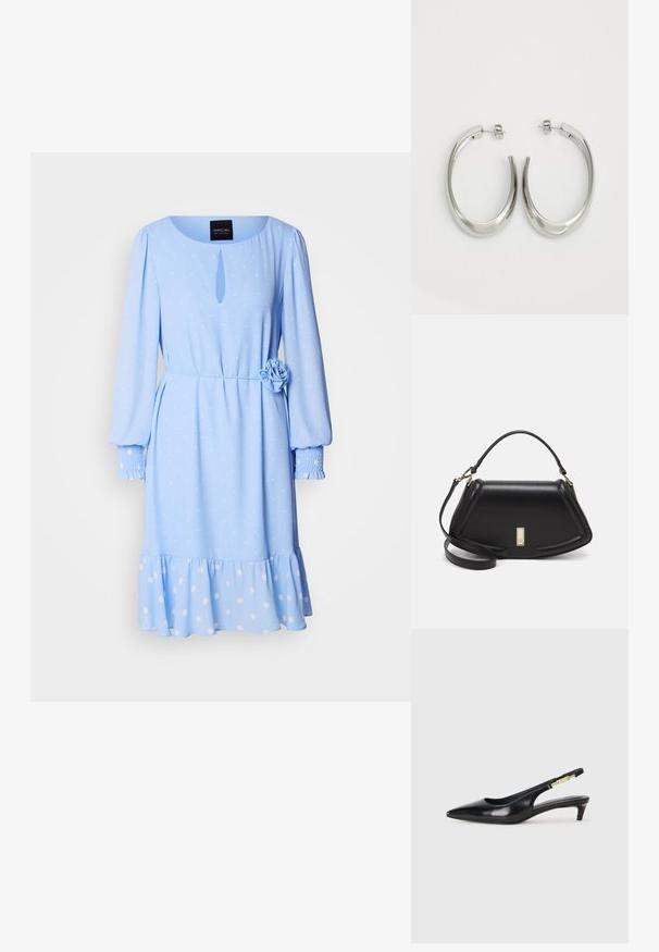 Helles blaues Kleid mit rundem Ausschnitt, langen Ärmeln, Polka-Dot-Muster, einem Schlüssellochdetail an der Vorderseite und einer Blumenakzent an der Taille.; Schwarze Leder-Slingback-Pumps mit spitzem Schuhblatt, ausgestattet mit einem schlanken Absatz und einem goldfarbigen Akzent am verstellbaren Riemen. Glatte Textur.; Schwarze Lederhandtasche mit einem strukturierten Design, das eine verkürzte Form, einen oberen Griff und goldfarbene Hardware-Details aufweist. Verstellbarer Schulterriemen ist enthalten.; Silberne Creolen mit einem glatten, geschwungenen Design. Mit einem glänzenden metallischen Finish und Steckverschluss. Keine sichtbaren Muster oder Akzente.