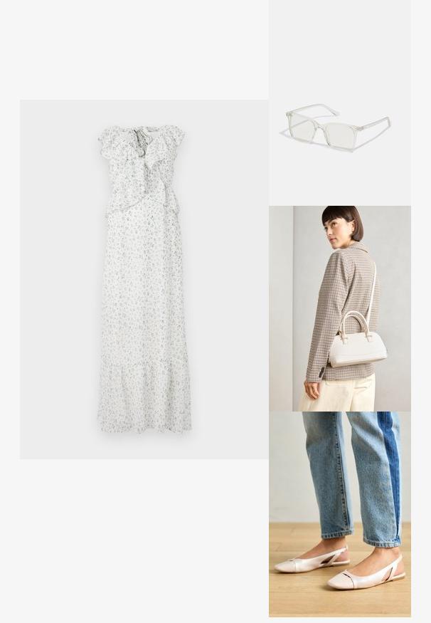 Vestido maxi floral em branco com estampas azuis e verdes. Apresenta mangas com volantes, cintura franzida e uma bainha em camadas. Tecido leve.; Sapatilhas slingback de cor rosa pálido com bico fino, feitas de um material semelhante a couro liso. Apresentam detalhes recortados nas laterais e um salto plano.; Óculos quadrados de plástico transparente com lentes translúcidas, apresentando detalhes em dourado nas hastes.; Bolsa estruturada branca com alças curtas e uma alça de ombro, com detalhes em hardware dourado e material texturizado, exibida contra um fundo cinza.