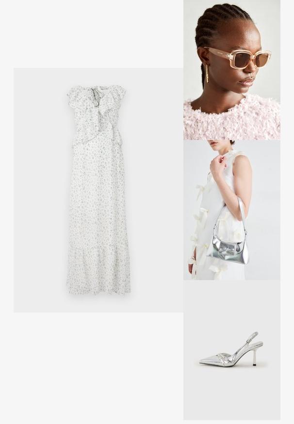 Blomstrete maxikjole i hvit med blå og grønne trykk. Har volangermarmer, samlet midje og et lagdelt nederdel. Lett stoff.; Sølv slingback høyhelte sko med spiss tå, metallisk finish, to dekorative stropper, og en slank hæl med svart tupp.; Beige oversized solbriller med klar ramme og brune tonede linser, med subtile blomsterdetaljer og dristig, geometrisk design.; Sølvmetallisk håndveske med en strukturert form, med en topphåndtak og sløyfedetalj foran. Glatt tekstur, reflekterende overflate.