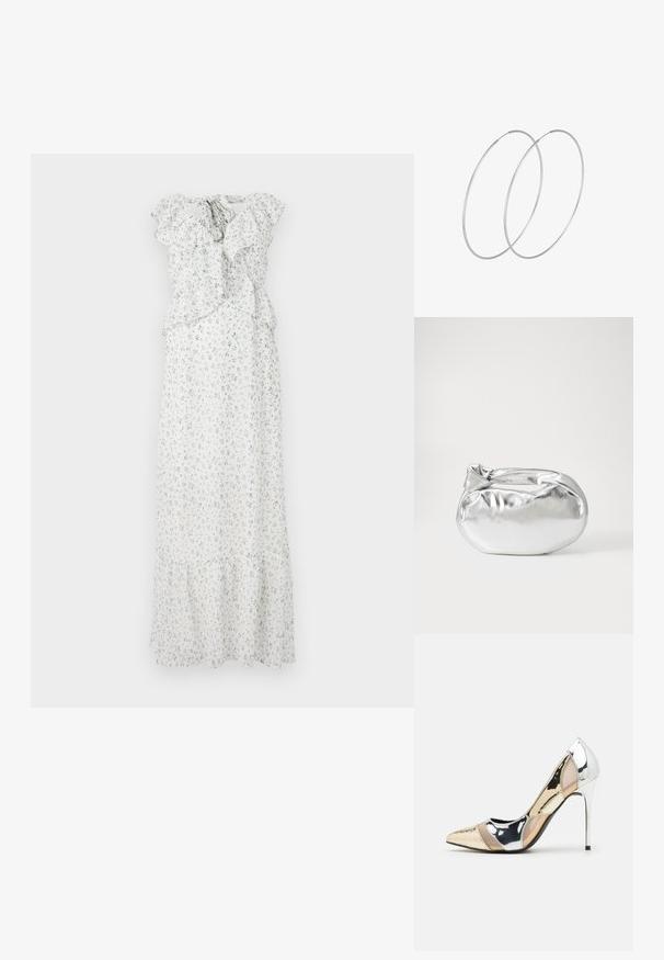 Kvetinové maxi šaty v bielej farbe s modrými a zelenými potlačami. Majú volánové rukávy, zbieraný pás a vrstvený lem. Ľahká tkanina.; Lodičky s špičatou špičkou v striebornom, zlatom a telovom farebnom prevedení. Lesklý povrch s výrezovým dizajnom, s ihlovým opätkom.; Strieborná metalická taška s mäkkým, zaobleným tvarom a uzáverom s uzlíkom. Vyrobená z hladkej syntetickej kože.; Strieborné kruhové náušnice s minimalistickým dizajnom. Cirkulárny tvar, hladký povrch a tenký profil. Ľahké s lesklým povrchom.