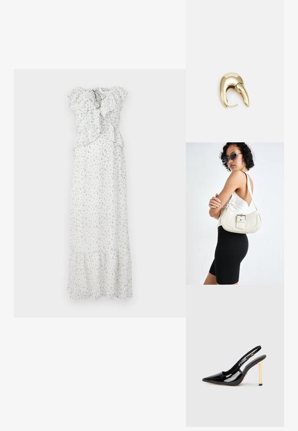 Vestido maxi floral en blanco con estampados en azul y verde. Presenta mangas con volantes, una cintura fruncida y un dobladillo con volantes. Tela ligera.; Zapato de tacón alto de charol negro con puntera afilada y acento de tacón cuadrado en tono dorado. Cuenta con una correa de tobillo ajustable.; Bolso de piel blanco con forma curvada, correa ajustable y un pequeño detalle de hebilla. La modelo lleva un conjunto negro ajustado.; Pendiente de metal en tono dorado con un diseño elegante y curvado. Presenta una forma puntiaguda distintiva, superficie pulida y cierre de bisagra.