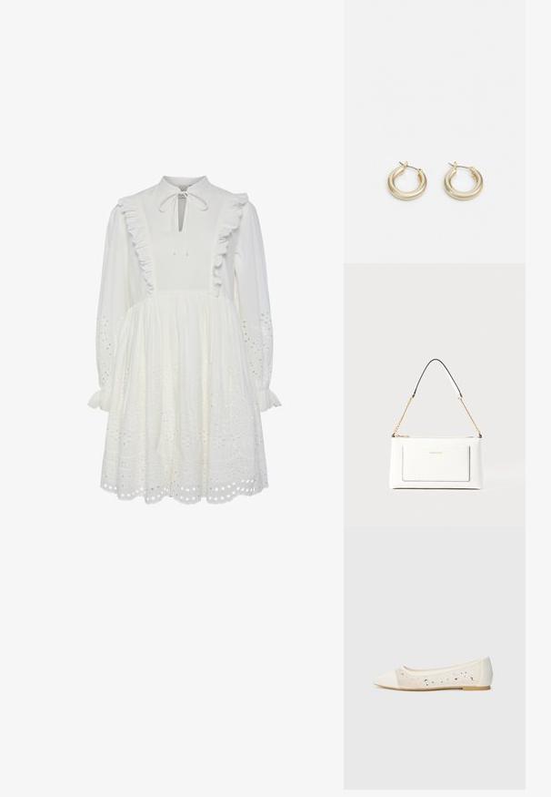 Rochie albă din bumbac cu guler înalt, cu volane și detalii legate la gât. Se evidențiază prin mâneci lungi și modele brodate cu ochiuri la tiv.; Pantofi stilați cu vârful ascuțit, din piele crem, cu partea superioară transparentă și strasuri dispersate. Talpă moale pentru confort, design minimalist.; Geantă de mână din piele albă cu un finisaj texturat, având o curea din lanț aurie și accente negre. Include un buzunar frontal și închidere cu fermoar.; Lauren Ralph Lauren BASIC SMALL HOOP - Cercei - gold-coloured