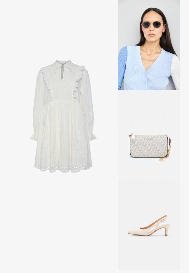 Rochie albă din bumbac cu guler înalt, cu volane și detalii legate la gât. Se evidențiază prin mâneci lungi și modele brodate cu ochiuri la tiv.; Sandaie cu toc alb, cu vârful ascuțit, material superior neted, toc mic tip bloc și design cu decupaj lateral, cu curea ajustabilă.; Ochelari de soare rotunzi cu lentile întunecate și rame aurii. Modelul poartă un cardigan ribbed de culoare albastru deschis cu nasturi și mâneci albe în contrast.; Clutch Michael Kors din canva acoperit bej, cu un model repetitiv al logo-ului MK, accesorii din aur și o curea cu lanț detașabil.