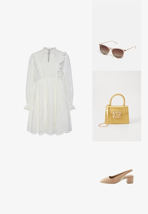 Balta kokvilnas kleita ar augstu kakla izgriezumu, volānu apdari un saistītu kakla detaļu. Ar garām piedurknēm un izšūtām acs rakstiem apakšmalā.; Bežs siksniņu kurpes ar norādītu pirkstu, izgatavotas no gludas ādas. Tām ir bloku papēdis un kontrastējoša paneļa detaļa sānos.; Brūna gradienta saulesbrilles ar caurspīdīgu rozā rāmi, kvadrātveida forma un plānas metāla kājas. Iespējamās noapaļotas malas un minimāls dizains.; Dzeltena mākslīgā krokodila roku soma ar strukturētu dizainu, augšējo rokturi, noņemamu ķēdes siksniņu un dekoratīvām kristāla rotājumiem aizdares daļā.