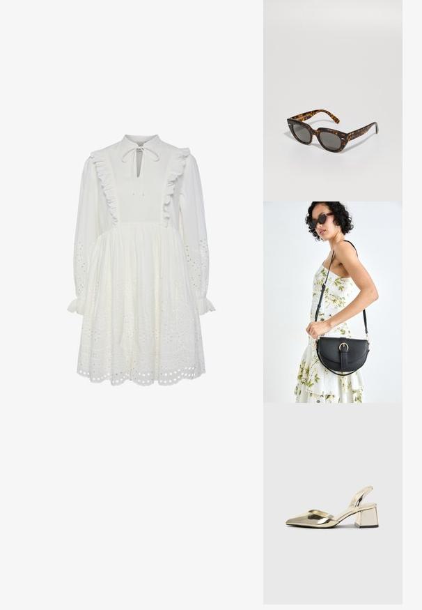 Rochie albă din bumbac cu guler înalt, cu volane și detalii legate la gât. Se evidențiază prin mâneci lungi și modele brodate cu ochiuri la tiv.; Pantofi cu toc slingback metalici aurii, cu vârf ascuțit și toc chunky. Textură netedă, design minimalist și o curea subțire.; Ochelari de soare din material țestoasă, cu rame unghiulare și lentile gri. Prezintă un finisaj lucios și un branding subtil pe brațele ochelarilor.; Geantă din piele neagră, cu o formă curbată, curea detașabilă și accesorii aurii. Geanta are un capac cu un detaliu tip cataramă.
