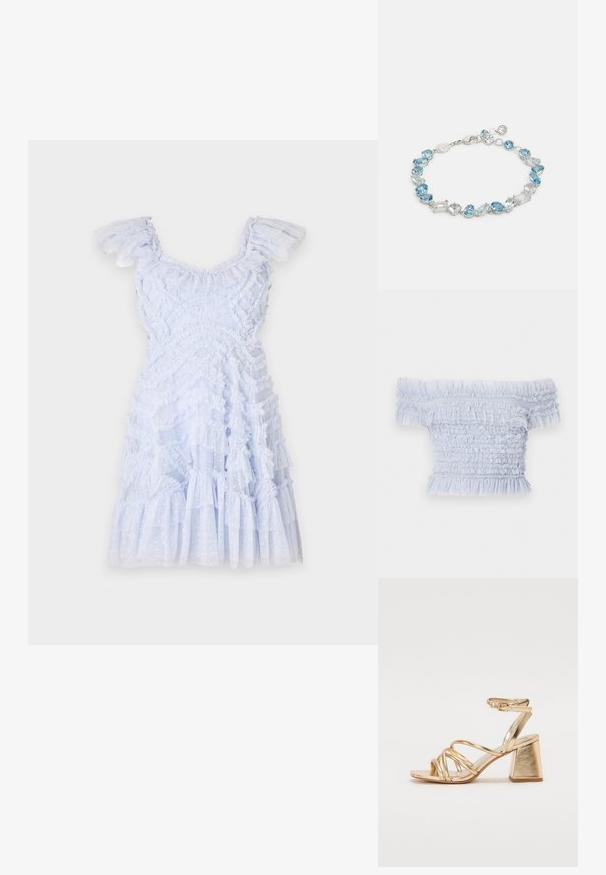 Vestido azul claro con tirantes rizados, tejido texturizado, diseño en capas y acentos de lunares. Dobladillo acampanado con volantes por toda la prenda.; Top azul claro sin hombros hecho de tela fruncida, con bordes con volantes y un diseño texturizado con suaves y delicados acentos.; Sandalias de tacón metálico dorado con un diseño de tiras, tacón cuadrado y correa ajustable en el tobillo con hebilla. Textura suave.; Pulsera de tono plateado que presenta piedras preciosas azules y transparentes de diversas formas, incluyendo ovaladas y rectangulares, unidas entre sí con un cierre de langosta.