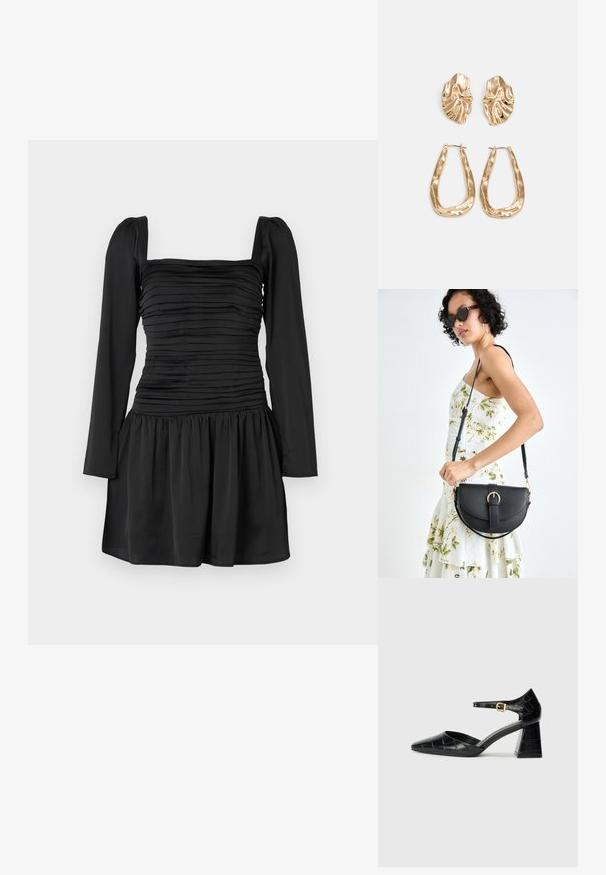 Crna haljina s dugim rukavima, kvadratnim izrezom i nabranim korpusom. Sužen suknja s nabrano tkaninom u struku. Glatka tekstura.; Crna lakirana visoka potpetica s izoštrenim prstom, remenom oko gležnja i teksturiranom krokodilskom šablonom. Dizajn kvadratne blok potpetice.; Crna kožna torba s lukovitim oblikom, odvojivim remenom i zlatnim detaljima. Torba ima preklop s kopčom.; Naušnice zlatne boje s teksturiranim, valovitim oblicima. Uključuju skulpturalne kopče i dizajn otvorene kružnice s kovanom završnom obradom.