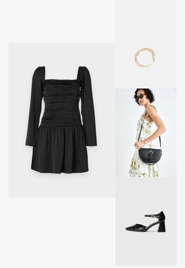 Crna haljina s dugim rukavima, kvadratnim izrezom i nabranim korpusom. Sužen suknja s nabrano tkaninom u struku. Glatka tekstura.; Crna lakirana visoka potpetica s izoštrenim prstom, remenom oko gležnja i teksturiranom krokodilskom šablonom. Dizajn kvadratne blok potpetice.; Crna kožna torba s lukovitim oblikom, odvojivim remenom i zlatnim detaljima. Torba ima preklop s kopčom.; Prsten u zlatnoj nijansi s organskim, uvijenim dizajnom, glatkom teksturom i suženim krajevima, koji stvara moderan, skulpturalni izgled.
