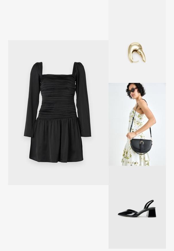 Rochie neagră cu mâneci lungi, decolteu pătrat și bust plisat. Design cu fustă evazată, cu material adunat la talie. Textură fină.; Pantofi cu toc slingback din piele lacuită neagră, cu vârf ascuțit și toc geometric. Prezintă un design elegant, minimalist și o textură netedă.; Geantă din piele neagră, cu o formă curbată, curea detașabilă și accesorii aurii. Geanta are un capac cu un detaliu tip cataramă.; Cercei din metal de culoare aurie cu un design elegant și curbat. Prezintă o formă distinctivă, ascuțită, o suprafață lustruită și un sistem de închidere cu balama.