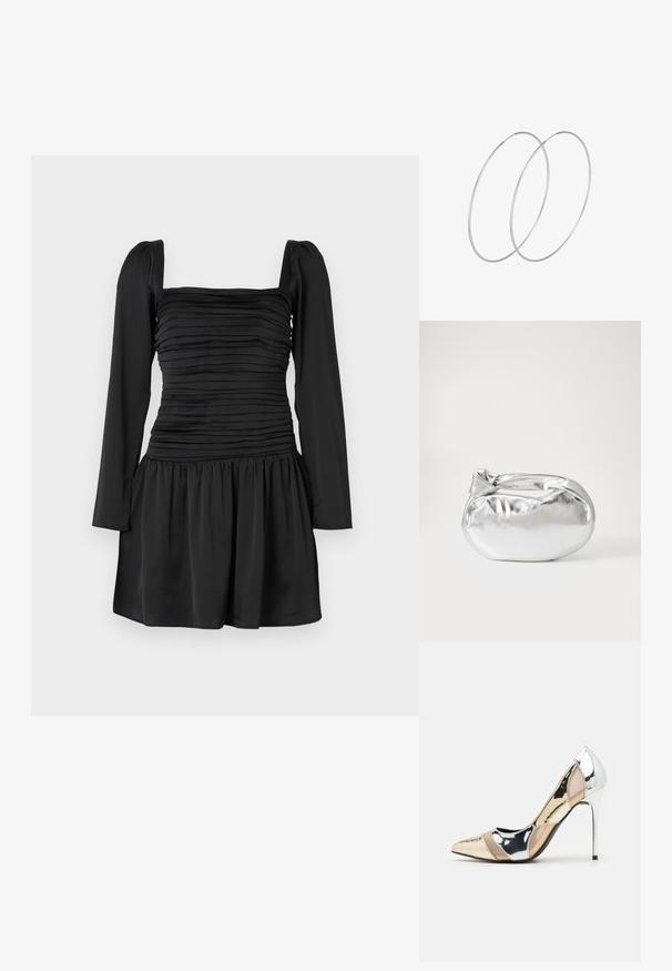 Melna kleita ar garām piedurknēm, kvadrātveida dekoltē un volānu krūšu daļu. Izplestais svārku dizains ar savilkta auduma detaļām jostasvietā. Gluda tekstūra.; Apspīlēta augstpapēžu kurpe ar zeltītu, sudrabi un neitrālu krāsu kombināciju. Spīguļojoša virsma ar izgriezuma dizainu, aprīkota ar stiletto papēdi.; Sudraba metāliska poga somiņa ar mīkstu, noapaļotu formu un mezgla augšējo aizdari. Izgatavota no gludas mākslīgās ādas materiāla.; Sudraba gredzenveida auskari ar minimālistisku dizainu. Cirkulāra forma, gluda tekstūra un plāns profils. Vieglu svaru ar spīdīgu apdari.