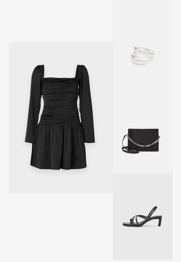 Črna obleka z dolgimi rokavi, kvadratnim izrezom in nabranim korzetom. Oznaka široke krila s pridobljenim materialom v pasu. Gladka tekstura.; Črne natikače s trakovi in kvadratnim prstom ter nizkim blokastim peto. Imajo več tankih trakov in nastavljiv trak okoli gležnja. Narejene so iz gladkega usnja.; Črna usnjena torba čez ramo z gladko teksturo, pravokotno obliko in kovinskim verižnim detajlom spredaj. Vključena je nastavljiva naramnica.; Srebrn dvojni prstan z gladko, polirano površino. Ima tekoč, ukrivljen dizajn z prekrivajočimi se sekcijami za sodoben videz.