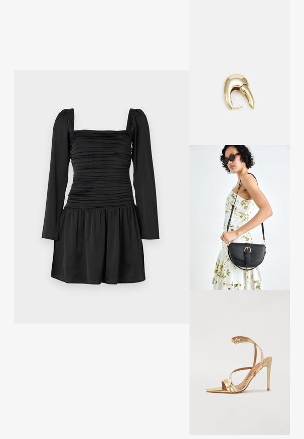 Crna haljina s dugim rukavima, kvadratnim izrezom i nabranim korpusom. Sužen suknja s nabrano tkaninom u struku. Glatka tekstura.; Even&Odd Sandale s visokom petom - gold; Crna kožna torba s lukovitim oblikom, odvojivim remenom i zlatnim detaljima. Torba ima preklop s kopčom.; Zlatne metalne naušnice s elegantnim, zakrivljenim dizajnom. Imaju karakterističan šiljast oblik, poliranu površinu i zatvaranje na šarku.