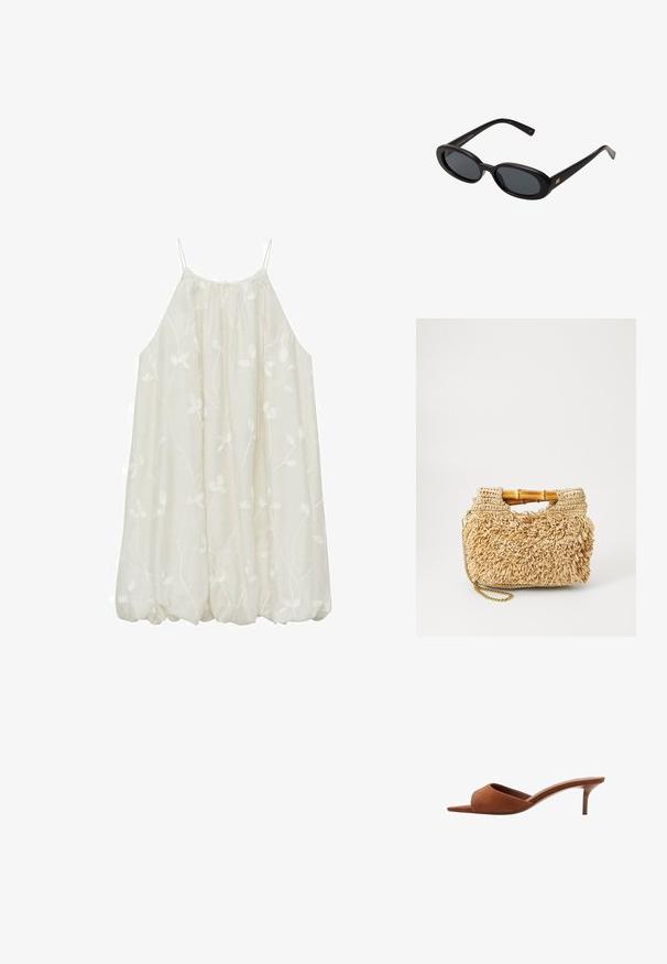 Abito senza maniche, in tessuto leggero color crema, con motivo floreale ricamato. Scollo rotondo ed orlo elasticizzato per un effetto arricciato.; Mule aperti in suede marrone con un design curvo, dotati di un tacco stiletto basso e linee minimaliste e morbide.; Occhiali da sole neri oversize con lenti ovali, montatura in plastica liscia e accenti dorati sulle tempie. Le lenti scure offrono protezione dal sole.; Borsa in paglia intrecciata con manici in bambù, caratterizzata da un design a frange testurizzato in beige naturale e una tracolla in catena dorata.