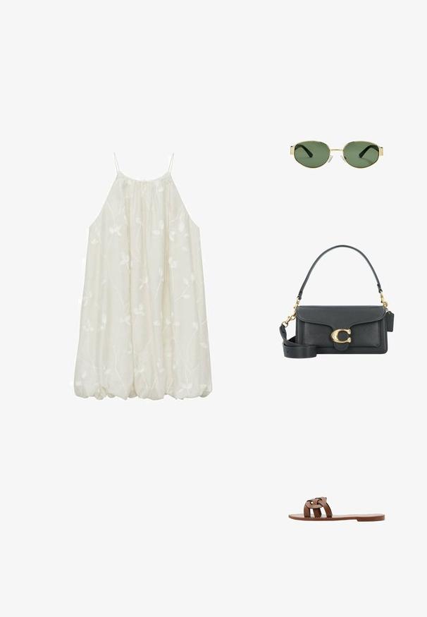 Mouwloze, losse crème jurk met geborduurd bloemenpatroon. Lichtgewicht stof, ronde halslijn en elastische zoom voor een geraffineerde uitstraling.; Bruine platte sandalen van synthetisch materiaal met een gevlochten bandontwerp en een gladde, platte zool. Geen hak, minimalistische esthetiek.; Gouden metalen montuur zonnebril met groene getinte lenzen, ovale vorm, zwarte pootjes en doorzichtige neuspads. Strak, minimalistisch ontwerp.; Zwarte leren handtas met een gouden hardware accent, voorzien van een kenmerkende sluiting, een afneembare schouderband en een ge textureerd oppervlak.