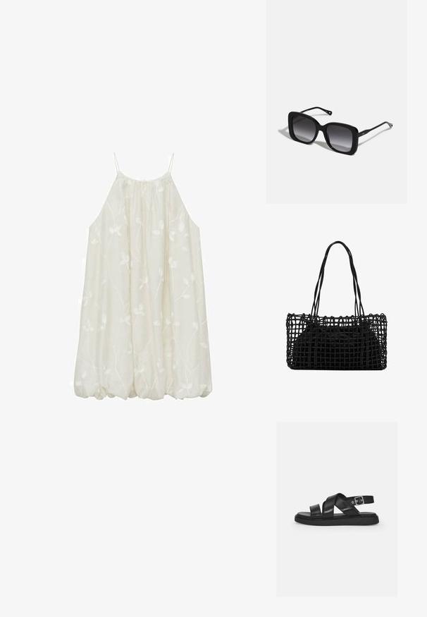 Sleeveless, loose-fit cream dress with embroidered floral pattern. Lightweight fabric, round neckline, and elasticized hem for a gathered look.; Black leather sandals with crossed straps, adjustable ankle buckle, flat sole, and minimalist design. Smooth texture with matte finish.; CHLOÉ Sunglasses - black; Black woven handbag with an open netted design and two long handles. Features a solid black interior bag for storage.