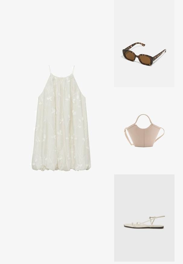 Ärmlös, lös passform i krämfärgad klänning med broderad blommönster. Lättviktsmaterial, rund halsringning och elastisk nederkant för en samlad look.; Beige platt sandal med flera smala remmar och ett justerbart spänne. Sulan är platt med en lätt mörk kontrast vid kanten.; Sköldpaddsmönstrade solglasögon med en rund, kraftig ram och bruna linser. Har subtila mönster och raka, avsmalnande skalmar.; Beige läderhandväska med en unik form, med två korta handtag och ett långt justerbart axelband. Slät textur med minimal hårdvara.