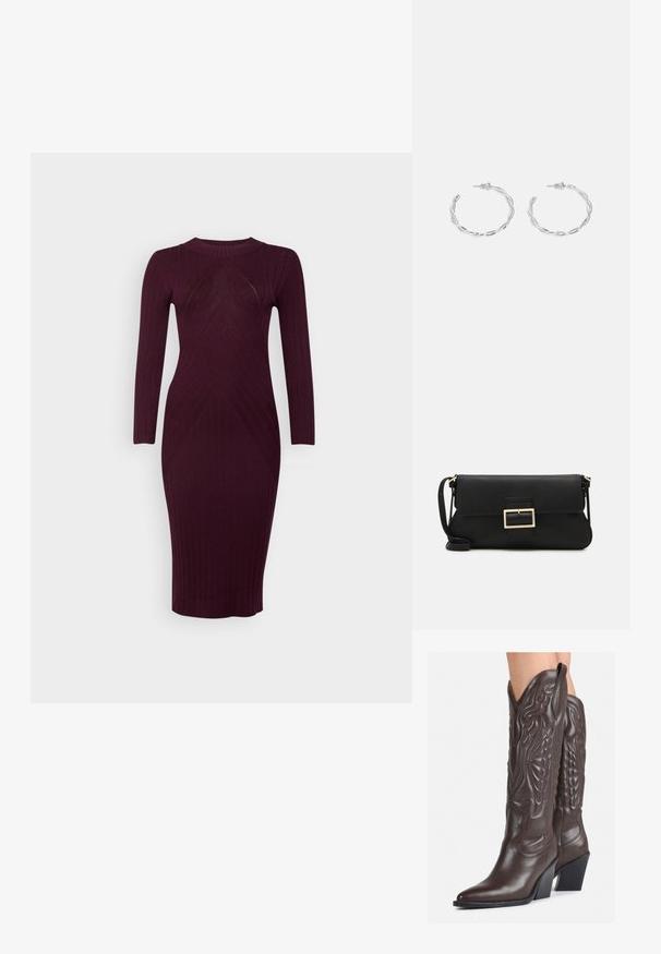 JDY JDYKATE DRESS - Haljina s naramenicama - winetasting; Smeđe kožne kauboj čizme s šiljastim vrhom i blok-potpeticom, s detaljno izvezenim šavovima i uzdignutim naglascima na okovu.; Crna kožna clutch torbica s preklopom i zlatnim metalnim detaljem kopče. Uključuje crnu trakicu i elegantan, minimalistički dizajn.; Srebrne naušnice s obručima i uvijenim dizajnom, s poliranim završetkom i pričvršćivanjem na stražnjoj strani. Mjere otprilike 3 cm u promjeru.