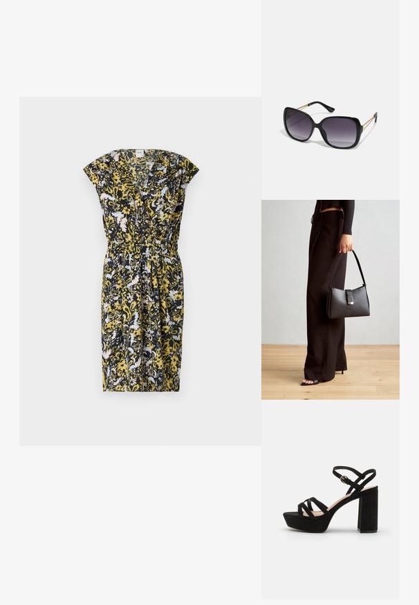 Ziedu kleita ar melnu fona, kurai ir dzelteni un gaiši zili raksti, īsas piedurknes un elastīga josta formas uzturēšanai.; Melnas zamša platformas sandales ar blokveida papēdi, ar krustveida siksnām un ar sprādzi regulējamu potītes siksnu, nodrošinot drošu piegulšanu.; Melni pārmērīgi lieli saulesbrilles ar gradāciju lēcām, biezām rāmja malām un zeltainas krāsas ķēžu detaļām uz tempļiem.; Melnā somiņa ar strukturētu formu, gludu tekstūru un metālu sprādzi. Saskaņota ar platām melnām biksēm un sandālēm ar atvērtu purngalu uz koka grīdas.