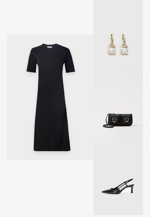 Filippa K DRESS - Jerseykjole - black; Sorte patent slingback hæl med spids tå, prydet med tekstureret slangeskindsmønster, justerbar rem og en kort, tekstureret blokhæl.; Sort læder crossbody taske med to frontlommer, guldspænder, lynlåslukning og en slank rem. Struktureret overflade og kompakt rektangulær form.; Guldtonede øreringe med et rektangulært, klart krystal, der hænger under en række af små, runde klare accenter. Elegant, moderne design.