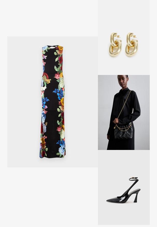 Alice + Olivia DELORA DRESS - Vestido comprido - black; Sapatilhas de salto alto em verniz preto, com bico afiado, tiras ajustáveis no tornozelo e um salto quadrado moderado. Textura suave com acabamento brilhante.; Bolsa de mão preta de couro acolchoado com uma parte superior franzida, alça de corrente dourada e forma retangular, sustentada contra um fundo liso.; Rabanne XL LINK  DOUBLE HOOP EARRINGS - Brincos - gold-coloured