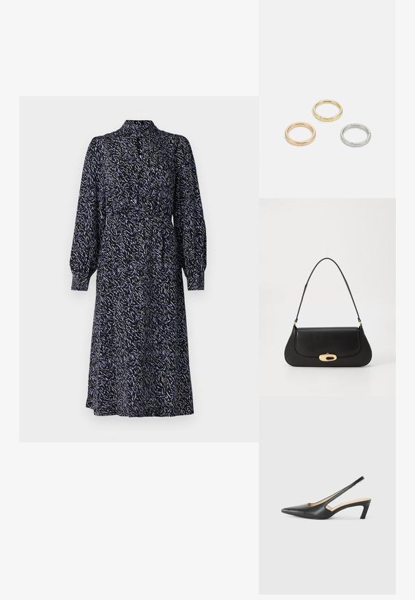 Čierne šaty s dlhým rukávom a kvetinovým vzorom v modrej a bielej farbe. Majú golier a zberaný pás pre uvoľnený strih. Stredná dĺžka.; Čierne slingback topánky s ostrou špičkou a nízkym opätkom, vyrobené z hladkej kože a s výrezmi na boku pre lepšiu priedušnosť.; Čierna kožená kabelka s prehnutým dizajnom, zlatými kovovými detailmi a horným uchom. Má elegantné zatvorenie a hladký povrch.; Triumf kovových prsteňov: jeden v ružovom zlate, jeden zlatý s textúrovanými akcentmi a jeden strieborný, všetky s gravírovaným logom na vnútornej strane.