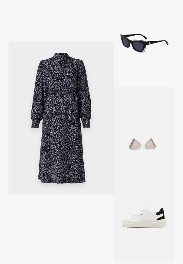 Svart klänning med lång ärm och blommönster i blått och vitt. Har en krage och resårmidja för en avslappnad passform. Halvlång design.; Vita lädersneakers med en tjock vit sula, svartsuede hälaccent och präglad logotyp på sidan. Snörningsdesign med sex öglor.; Svart överdimensionerade solglasögon med geometrisk form, med mörka linser och en kontrasterande grå detalj på ramen. Logotyp på bygeln.; Silverfärgade metallörhängen med en slät, tårformad design och en polerad yta. Subtila gravyrer tillför detaljer. Minimalistisk design.