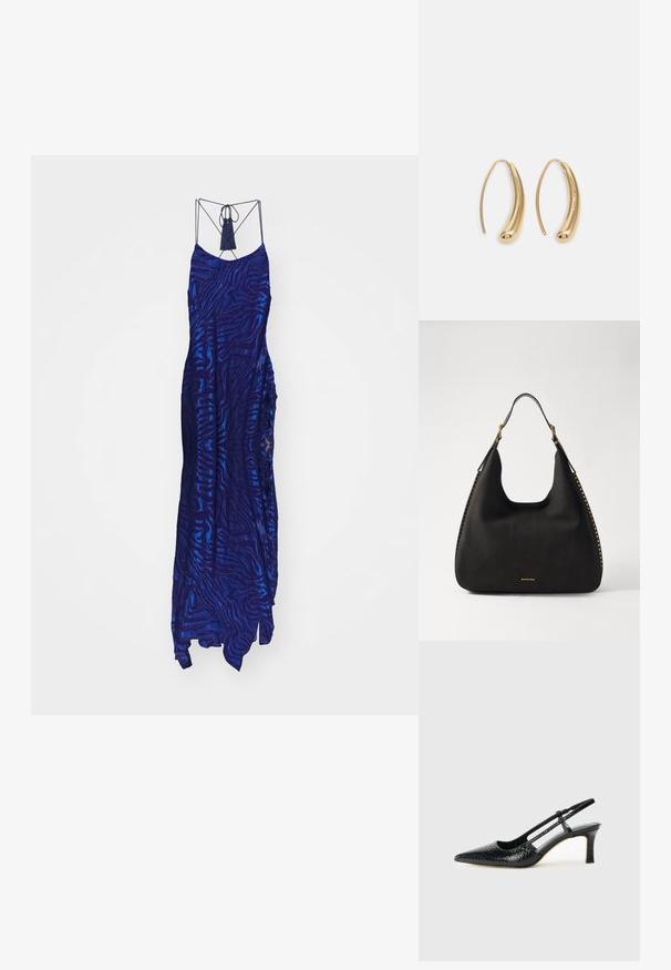 Pikk, tume sinine kleit tekstuuriga leopardiriba mustriga, õhukeste spagetirihmadega ja dekoratiivse tassliga kaeluses.; Mustmust paelad, millel on terav varvas, tekstuuriga maduprindiga, reguleeritav rihm ja lühike tekstuuriga plokknina.; MICHAEL Michael Kors NOLITA HOBO  - Käekott - black; Kuldtoonilised metallist rõngas kõrvarõngad, millel on kõver ja piklik kuju. Omavad siledat, läikivat pinda ja ümarat tipptugevdust, mis lisab detaili.