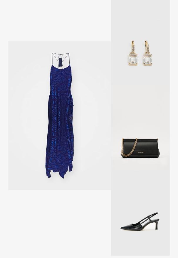 Pitkä, tummansininen mekko, jossa on teksturoitu seeprakuvio. Mekossa on ohuet spagettiolkainet ja koristeellinen tupsu kaula-aukossa.; Musta patent slingback-kiilakorko teräväkärkisellä muotoilulla, jossa on teksturoitu käärmeennahkakuosi, säädettävä remmi ja lyhyt, teksturoitu blokkiheel.; Musta nahkainen clutch-laukku, jossa on kultaketju, sileä pinta, suorakulmainen muoto ja kohokuvioitu brändimerkintä edessä.; Kulta-sävyiset korvakorut, joissa on suorakulmainen, kirkas kivi roikkumassa pienen, pyöreän kirkkaan korosteen rivin alapuolella. Tyylikäs, moderni muotoilu.