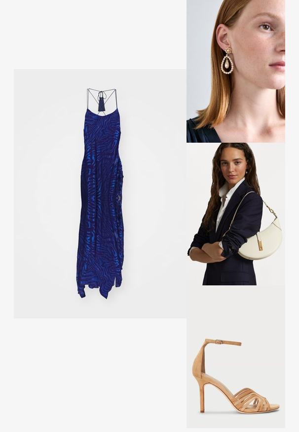 Dlouhé, tmavě modré šaty s texturovaným vzorem zebřího pruhu, které mají tenké ramínka a ozdobný třásňový detail na výstřihu.; Nudové semišové sandály na vysokém podpatku s tenkými pásky, opaskem kolem kotníku na přezku a špičatým designem špičky. Obsahují štíhlý jehlový podpatek.; Bílá kožená kabelka zakřiveného tvaru, se zlatými doplňky a texturovaným povrchem, nošená přes tmavý blazer a bílou košili.; Marchesa ORBITAL - Náušnice - gold-coloured/blush