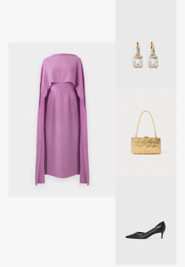 Hosszú ujjú, egyszínű ibolya anyagú ruha, amelyet egy lebegő, köpenyszerű betét díszít. Kerek nyakkivágással és testhez álló fazonnal rendelkezik.; Fekete bőr magassarkú cipő hegyes orral és alacsony sarokkal. Sima felülettel és enyhe fényű kialakítással rendelkezik. Az elején nyitott részlet a fokozott díszítésért.; Arany flitteres clutch táska, téglalap alakú, csavart lánckarabinerekkel és fém záródással, mely fényt tükröz a textúrált felületének köszönhetően.; Aranyszínű fülbevalók, melyek egy téglalap alakú, tiszta kristállyal díszítették, ami egy sor kis, kerek, tiszta kiegészítő alatt lóg. Letisztult, modern dizájn.