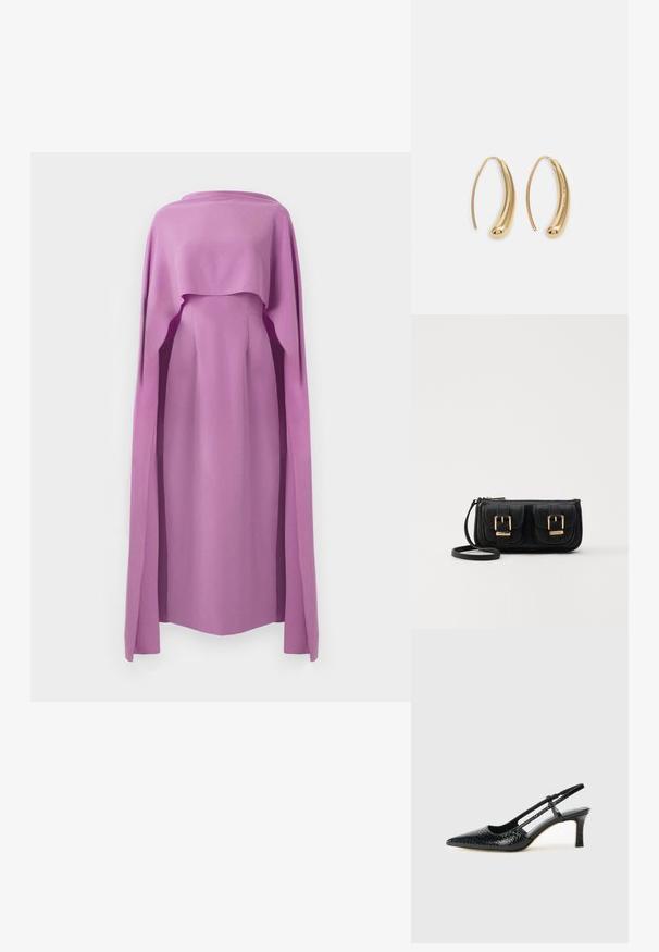 Ilgomis rankovėmis suknelė iš vientisos alyvinės medžiagos su laisvai krentančiu apdailos audiniu, turinti apvalų iškirpimą ir prigludusią siluetą.; Juodai lakuoti slingback aukštakulniai su smailiu nosiu, su tekstūruotu gyvatės raštu, reguliuojama juosta ir trumpu, tekstūruotu blokiniu kulnu.; Juodas odinis per petį nešiojamas krepšys su dviem priekiniais kišenėmis, auksiniais sagtimis, užtrauktuko uždarymu ir siauromis petnešomis. Textūruota paviršius ir kompaktiškas stačiakampis formatas.; Auksinės metalinės auskarų kabės su lenktą, pailgą forma. Turi lygų, blizgantį paviršių ir užapvalintą galiuką papildomam akcentui.