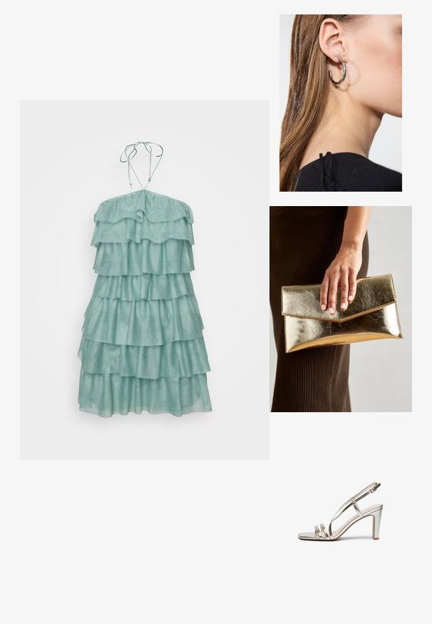 Nusilpinta, be rankovių suknelė šviesiai mėtos spalvos, su keliais volanais, halter tipo kaklo dizainu su reguliuojamais raiščiais, ir minkšta tekstūra.; Metallic sidabriniai aukštakulniai sandalai su atvira nosimi, turintys tris plonas dirželius per pėdą ir kulkšnies dirželį su sagtimi.; Auksinės metalinės rankinės su lygiu paviršiumi, kuri turi trikampio formos užsegimą. Ranką laikančioji turi tvarkingai prižiūrėtus nagus.; Sidabrinė lankinė auskarai su poliruotu paviršiumi, turintys mažus auksinius akcentus ir apvalią formą, dėvimi ant ausies kaušelio.