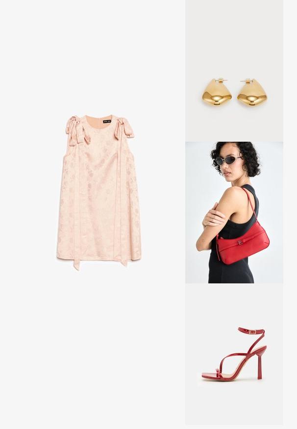 Brezrokavni svetlo roza cvetni žakardni plašč z mašnicami, vezanimi na naramnicah, in okroglo oblikovanim izrezom.; ALDO SCINTILLA - Sandali z visoko peto - red; Rdeča usnjena torbica za ramo z gladko teksturo, ukrivljeno zasnovo in dekorativno zaponko. Prilagodljiv trak in zadrga.; Zlato obarvani kovinski uhani z gladko, zaobljeno trikotno obliko in zasnovo s pritrditvijo na zadnji strani; odbojna površina z minimalnim detajliranjem.